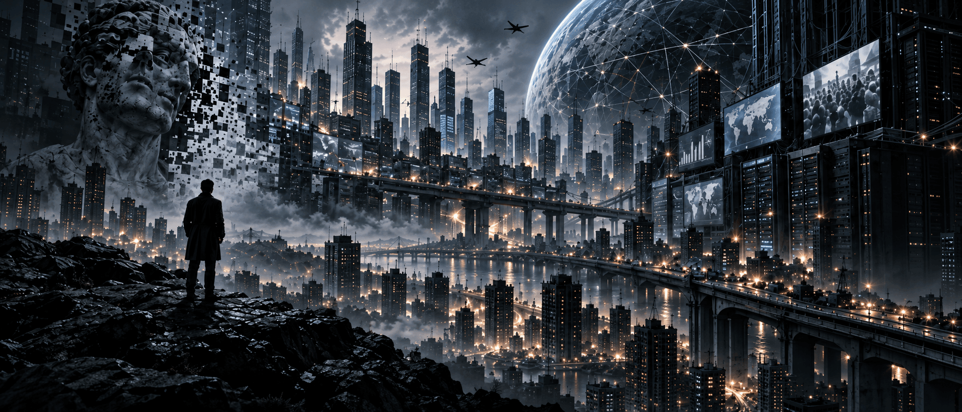Illustration of a lone person overlooking a futuristic city, a fragmented classical statue, server towers and a networked globe.