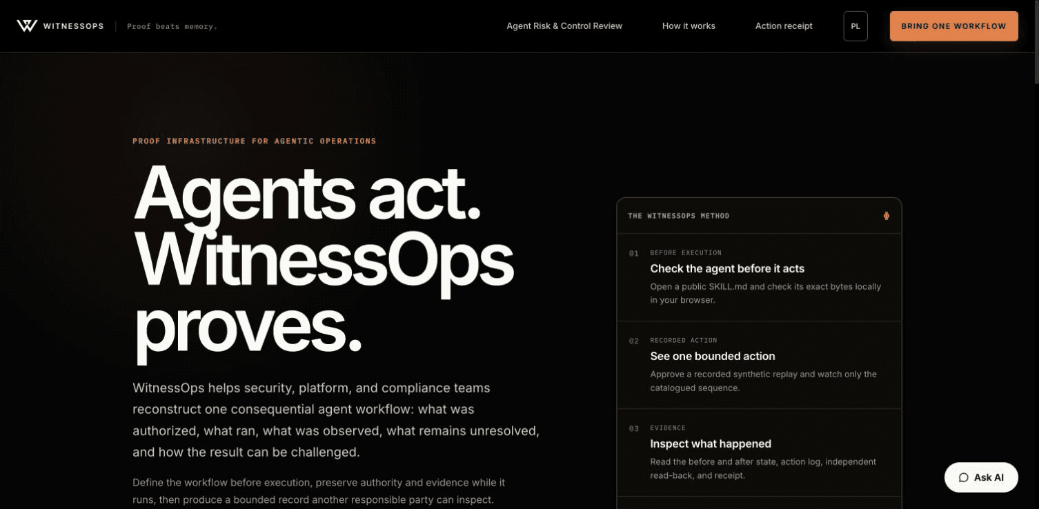 WitnessOps desktop homepage with the headline Agents act. WitnessOps proves.
