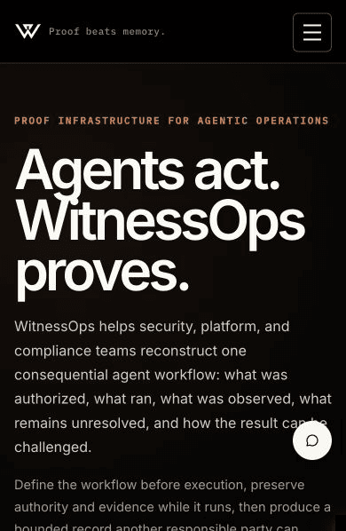 WitnessOps mobile homepage with compact header and the headline Agents act. WitnessOps proves.